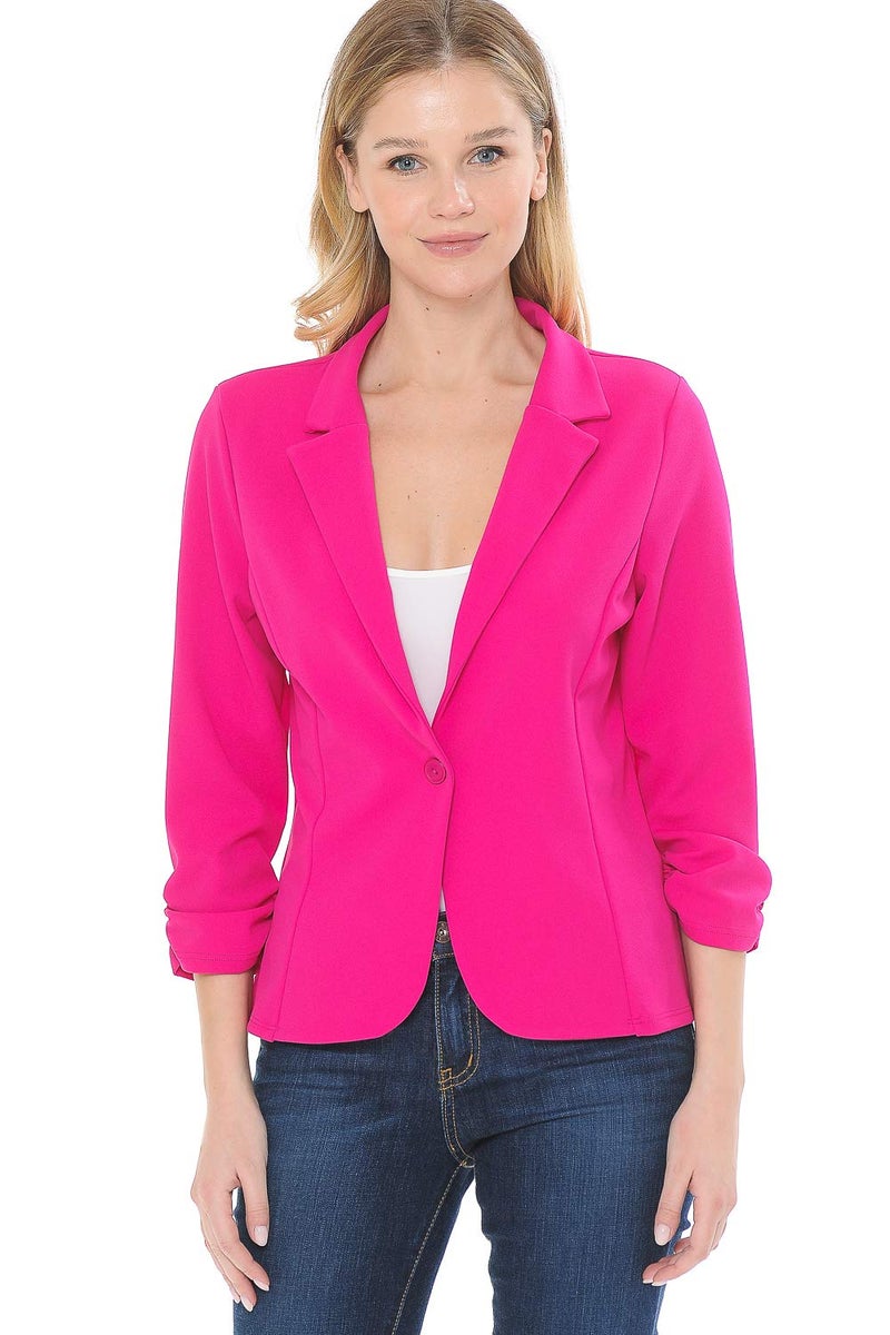 MINEFREE Women's 3/4 Sleeve Lightweight Casual Work Knit Blazer Jacket Solid Fuchsia L - Image 1